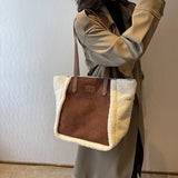 Lamb Wool Plush Tote Bag Faux Fur Suede Shoulder Contrast Shopping