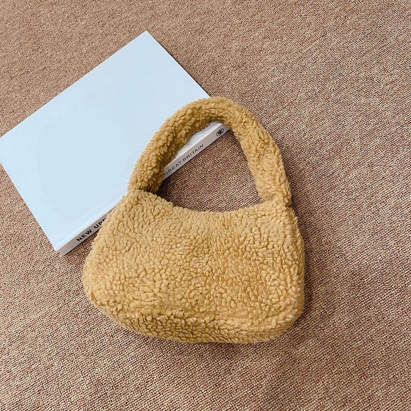 Lamb Wool Underarm Bags Soft Winter Women Hand Bags Casual Warm Zipper Solid