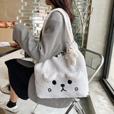 Lambswool Handbags Shoulder Bag Cartoon Embroidery Tote for Women