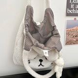 Lambswool Handbags Shoulder Bag Cartoon Embroidery Tote for Women