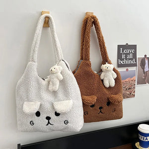 Lambswool Handbags Shoulder Bag Cartoon Embroidery Tote for Women