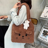Lambswool Handbags Shoulder Bag Cartoon Embroidery Tote for Women