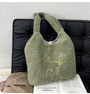 Lambswool Shoulder Bag Large Capacity Embroidery Handbag Shopper Bags