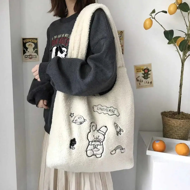 Lambswool Shoulder Bag Large Capacity Cartoon Embroidery Preppy Style
