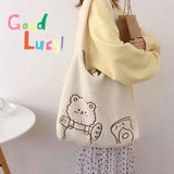 Lambswool Shoulder Bag Large Capacity Cartoon Embroidery Preppy Style