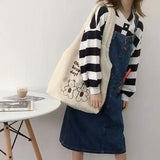 Lambswool Shoulder Bag Large Capacity Cartoon Embroidery Preppy Style