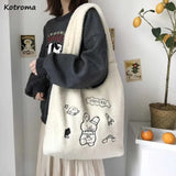 Lambswool Shoulder Bag Large Capacity Cartoon Embroidery Preppy Style