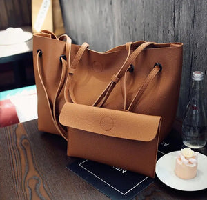 2Pcs Women's Bag Plain Tote Set Pink Grey Brown Clutch Lychee P