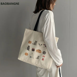 Cute Japanese Cat Canvas Tote Bag Eco Reusable Shoulder Shopping Bag