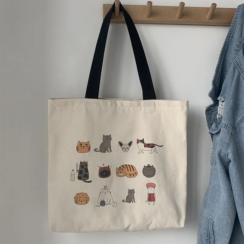Cute Japanese Cat Canvas Tote Bag Eco Reusable Shoulder Shopping Bag