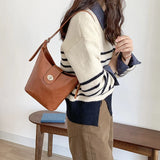 Vintage PU Leather Bucket Bag Large Capacity Crossbody Purse
