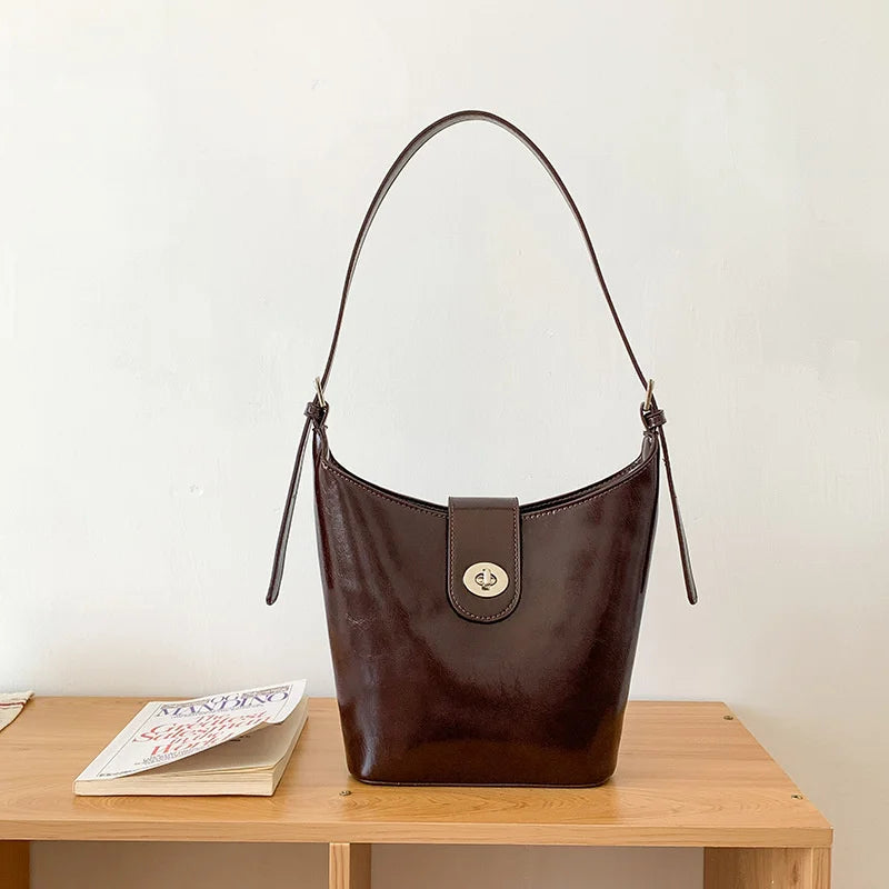 Vintage PU Leather Bucket Bag Large Capacity Crossbody Purse
