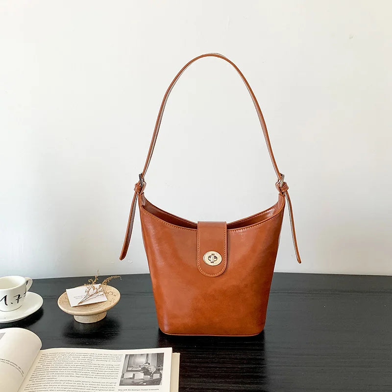 Vintage PU Leather Bucket Bag Large Capacity Crossbody Purse