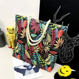 Leaf Printed Canvas Shoulder Bag Large Capacity Women Shopping Tote