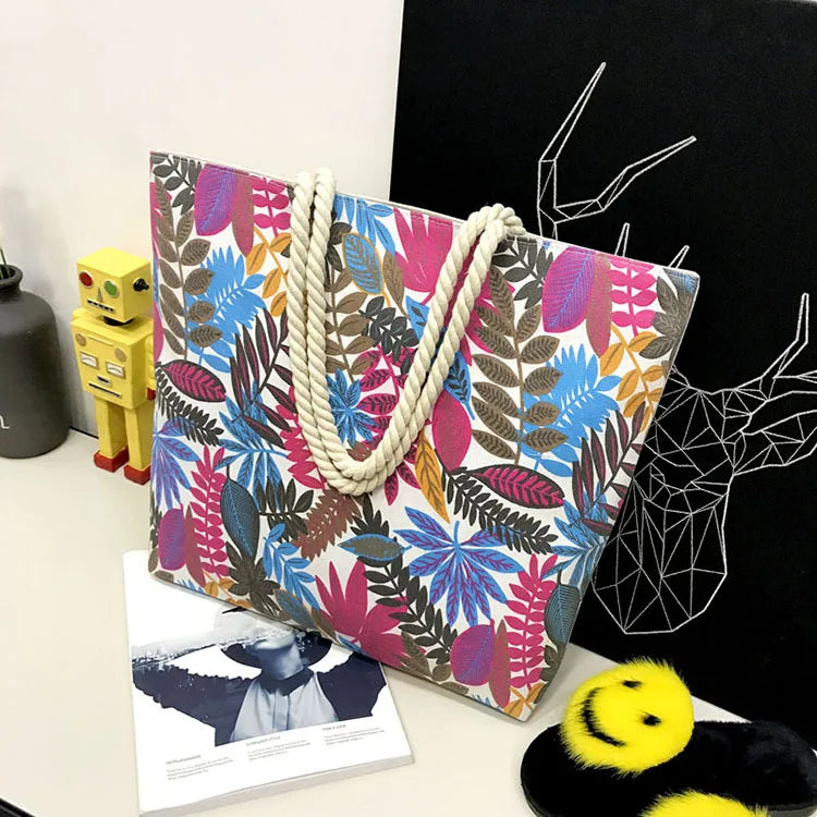 Leaf Printed Canvas Shoulder Bag Large Capacity Women Shopping Tote