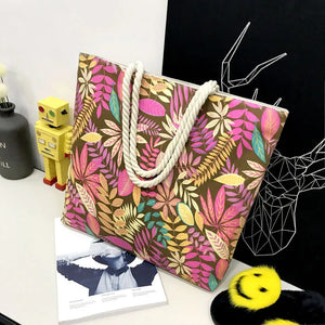 Leaf Printed Canvas Shoulder Bag Large Capacity Women Shopping Tote