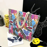 Leaf Printed Canvas Shoulder Bag Large Capacity Women Shopping Tote