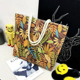 Leaf Printed Canvas Shoulder Bag Large Capacity Women Shopping Tote