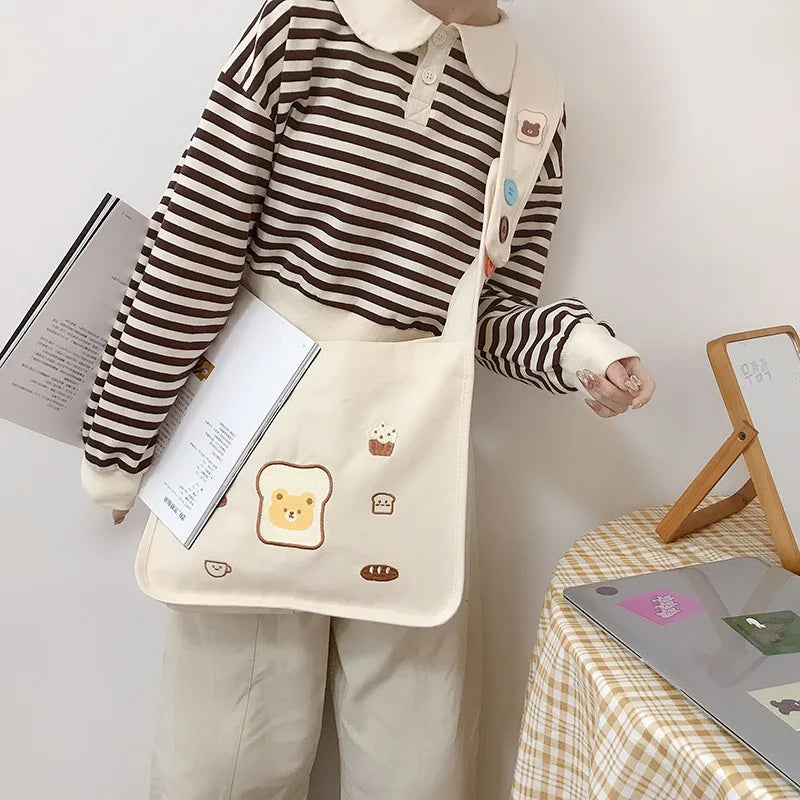 Canvas Shoulder Bag with Lovely Bear Design for Women
