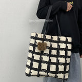 Canvas Shoulder Bag Plaid Zipper Top-handle Girls Campus Commute