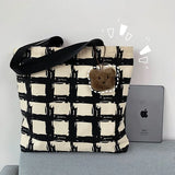 Canvas Shoulder Bag Plaid Zipper Top-handle Girls Campus Commute