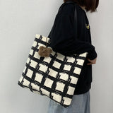 Canvas Shoulder Bag Plaid Zipper Top-handle Girls Campus Commute