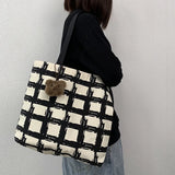 Canvas Shoulder Bag Plaid Zipper Top-handle Girls Campus Commute