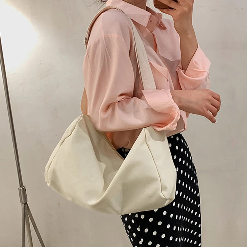 Large Capacity Canvas Hobo Shoulder Bag Women Summer Solid Gym Shopping Tote