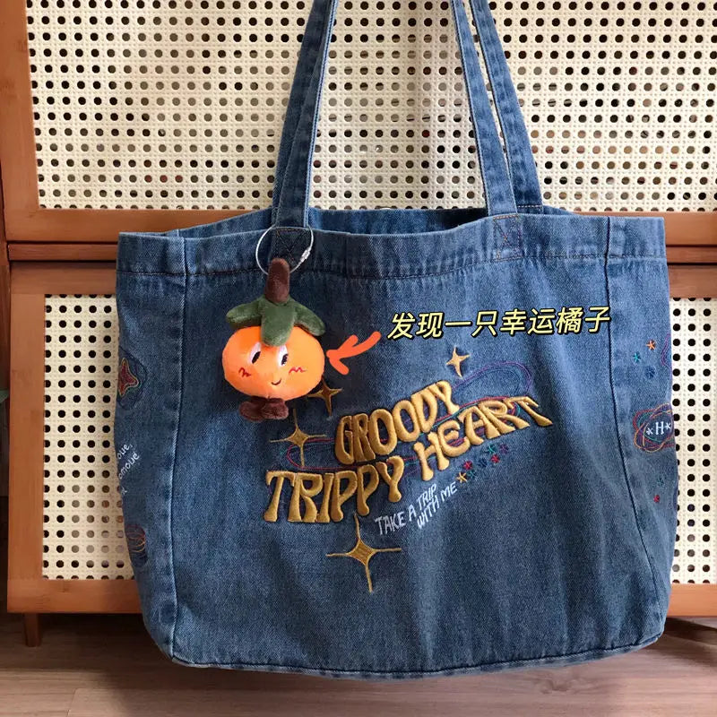 Embroidered Canvas Messenger Bag Soft Tote Shoulder Handbag for Women
