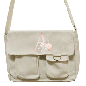 Canvas Messenger Bag Pink Flower Student Tote Bag