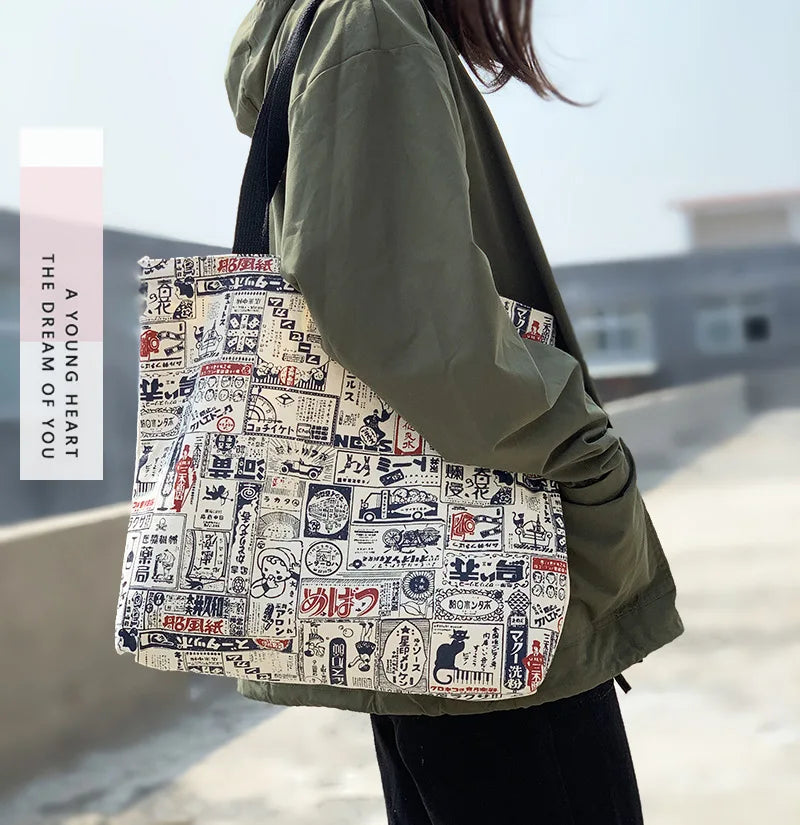 Japanese Vintage Canvas Shoulder Bag Eco Shopping Tote Handbag