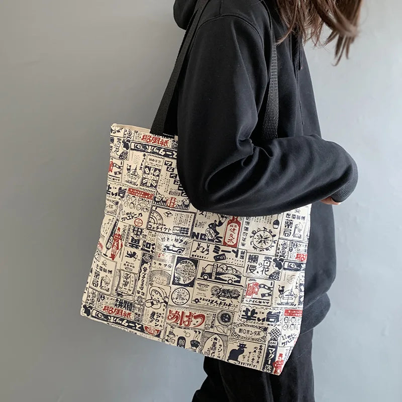 Japanese Vintage Canvas Shoulder Bag Eco Shopping Tote Handbag