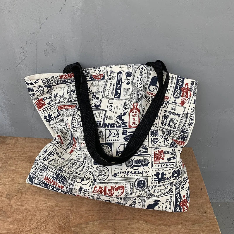 Japanese Vintage Canvas Shoulder Bag Eco Shopping Tote Handbag