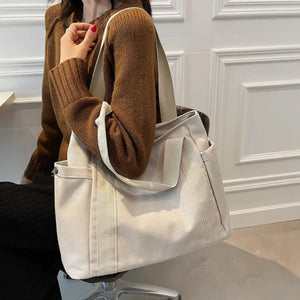 Large Capacity Canvas Women's Handbag Shoulder Bag Zipper Solid Student Schoolba