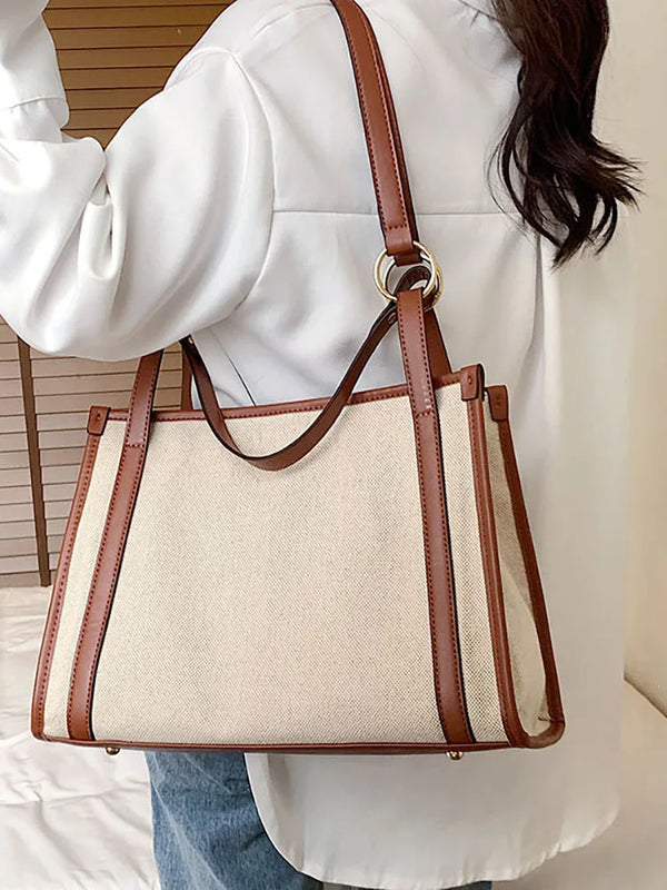 Canvas Contrast Square Handbag for Women Student Shopper Bags