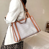 Canvas Contrast Square Handbag for Women Student Shopper Bags