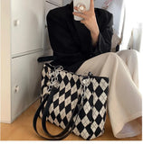 Large Capacity Checkerboard Tote Handbag Shoulder Bag Women Casual Solid Shoppin