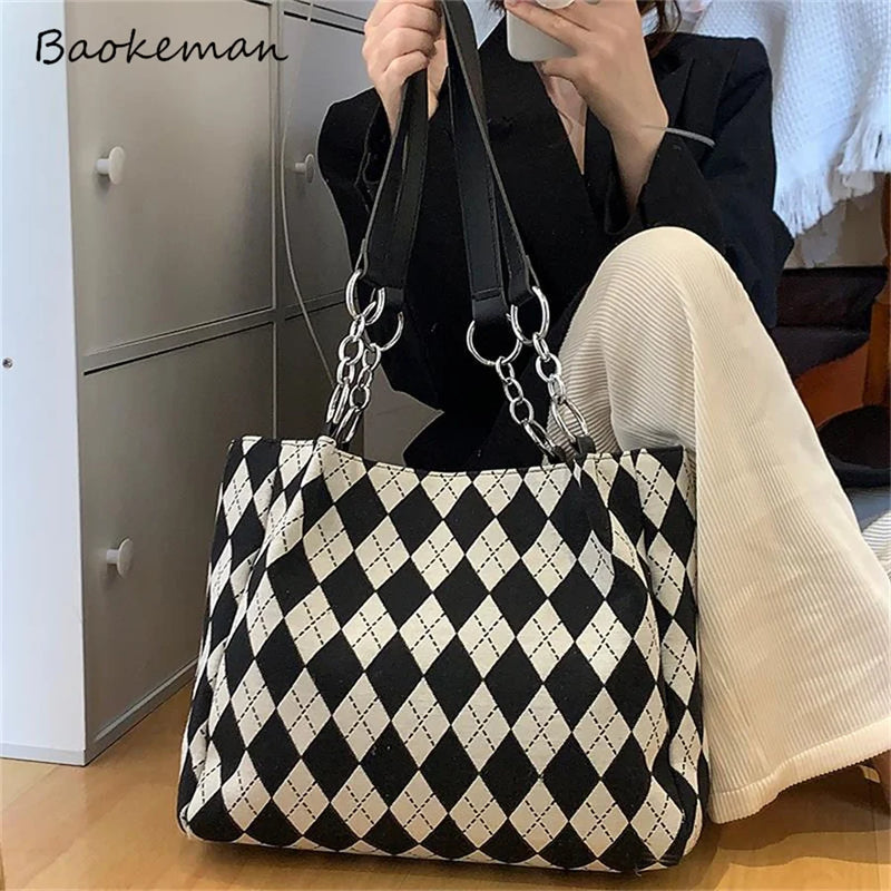 Large Capacity Checkerboard Tote Handbag Shoulder Bag Women Casual Solid Shoppin