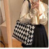 Large Capacity Checkerboard Tote Handbag Shoulder Bag Women Casual Solid Shoppin