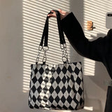 Large Capacity Checkerboard Tote Handbag Shoulder Bag Women Casual Solid Shoppin