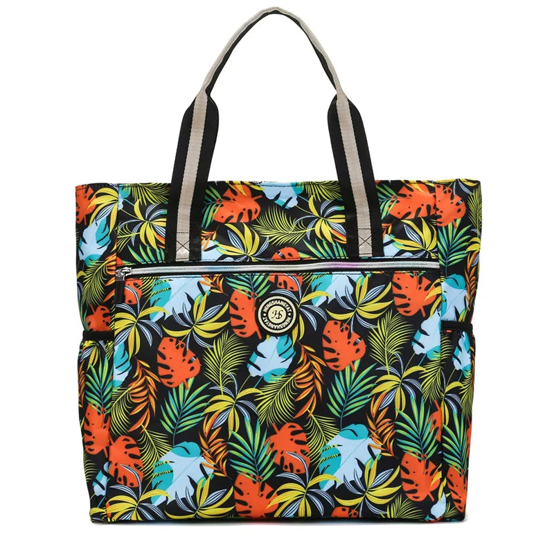 Large Capacity Nylon Zipper Shopping Bag Flower Women's Shoulder Bag