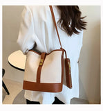 Large Capacity Bucket Bag Vintage Canvas Shoulder Messenger Handbag with Purse