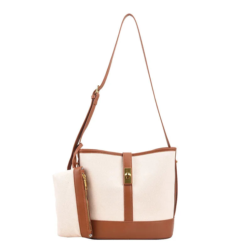 Large Capacity Bucket Bag Vintage Canvas Shoulder Messenger Handbag with Purse