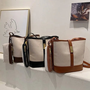 Large Capacity Bucket Bag Vintage Canvas Shoulder Messenger Handbag with Purse