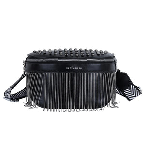 Large Capacity Leather Chest Bag with Tassel and Rivet Design