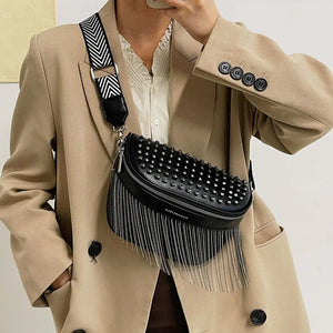 Large Capacity Leather Chest Bag with Tassel and Rivet Design