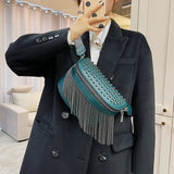 Large Capacity Leather Chest Bag with Tassel and Rivet Design