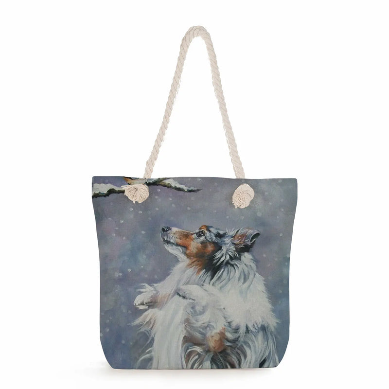 Watercolor Collie Dog Print Tote Bag Large Capacity Shoulder Handbags