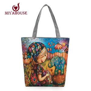Characters Printed Canvas Tote Handbags Daily Use Canvas Shopping Bag