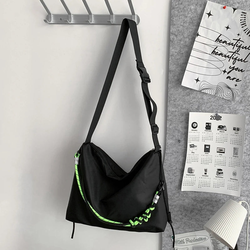Large Capacity Shoulder Tote Bag with Green Ribbon for Travel Sports Cycling